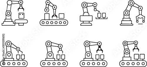 Industrial Robotic Arm Icons, Automation and Manufacturing Line Art