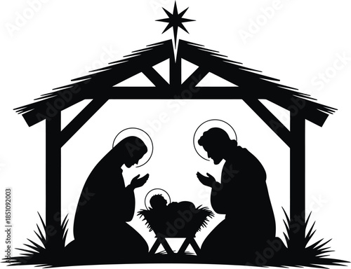 Black and white vector silhouette of nativity scene with baby Jesus in manger, Mary, Joseph, halos, and Bethlehem star above stable.