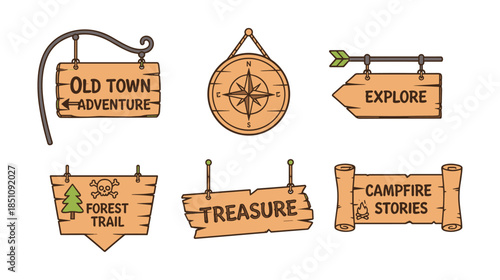 Wooden adventure signs with compass for exploration concept