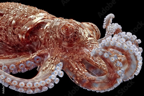 Copper Octopus Built From Circuitry: Futuristic Tech Art Sculpture on Black Background