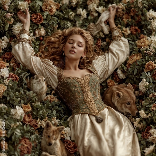 Elegant Woman in Ornate Couture Gown Lying Among Flowers Wolf Fox Cubs