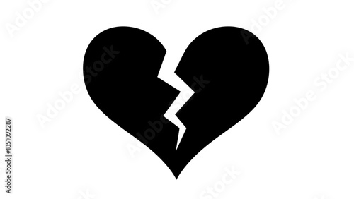 A black silhouette of a broken heart with a jagged crack down the middle, symbolizing sadness and heartbreak.