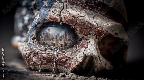 Cracked Skull With City In Eye Socket Reflection, Bleak Urban Decay