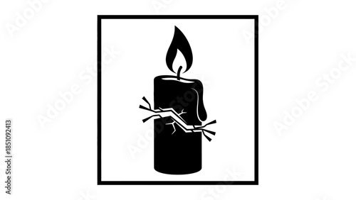 Black and white illustration of a burning candle with cracks and dripping wax inside a square frame.
