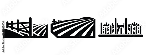 farm field boundary silhouette icon set. agriculture, plant-based lifestyle symbols