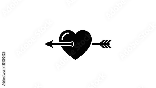 Black heart pierced by an arrow, symbolizing love, romance, and emotional connection on a white background.