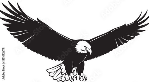 Flying Eagle with Spread Wings Black Silhouette Vector on White Background.