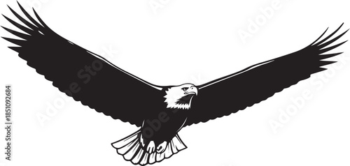 Flying Eagle with Spread Wings Black Silhouette Vector on White Background.