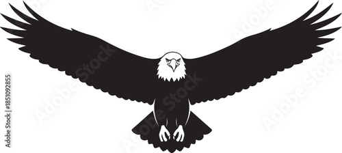 Flying Eagle with Spread Wings Black Silhouette Vector on White Background.