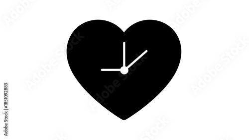 Black heart with clock hands, symbolizing love, time, and life's precious moments.
