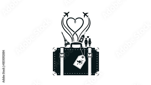 Illustration of a travel suitcase with airplanes forming a heart, symbolizing journey and love.