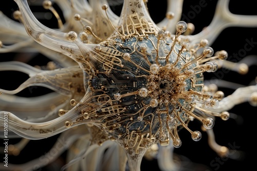 Close-Up Gold Circuit Core With Neural Probes And Organic Fibers Design