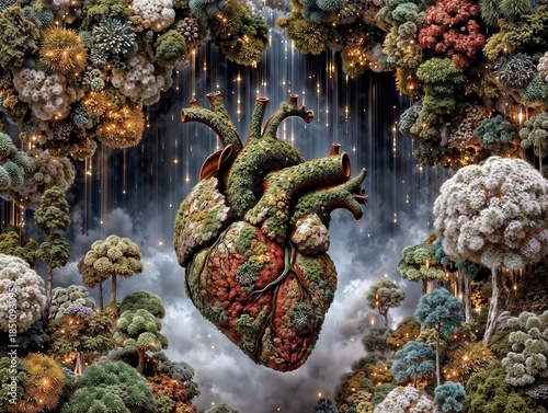 Surreal Heart Covered in Moss Floats in an Enchanted Forest of Glowing Bioluminescent Trees