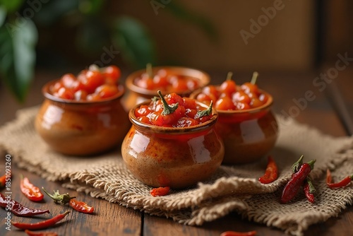 Homemade Spicy Cherry Tomato Pickle in Rustic Clay Pots