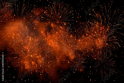 vibrant orange fireworks explode against a dark night sky