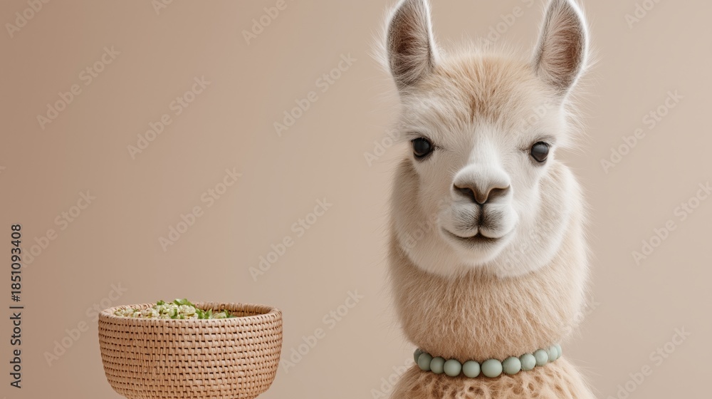 Fototapeta premium A photorealistic llama stands beside a food bowl, showcasing lifestyle-oriented animal branding and modern commercial design. Marketing, natural product visuals, character-driven advertising