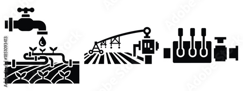 farm irrigation control silhouette icon set. agriculture, plant-based lifestyle symbols