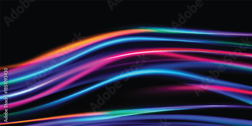 A vibrant abstract background featuring glowing colorful lines that flow like a light wave in motion to create an energetic rainbow pattern design against a dark space texture backdrop