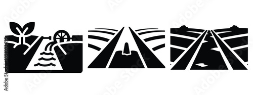 farm irrigation ditch silhouette icon set. agriculture, plant-based lifestyle symbols