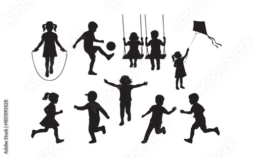 Children Playing Silhouette Set Keywords