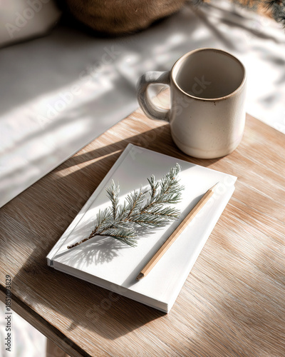 Sunlight filters through, casting soft shadows on a wooden table. A blank notebook rests beside a pencil, along with a steaming mug of coffee, creating a calming morning atmosphere.