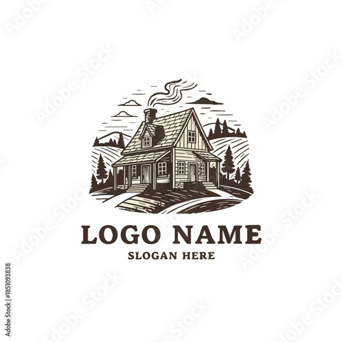 Rustic Cabin Landscape Logo with Hand Drawn Style, Suitable for Lodge, Cabin Rental, Outdoor Brand, and Nature Business