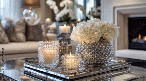 Elegant Living Room Glow Candles  Flowers on Mirrored Tray.