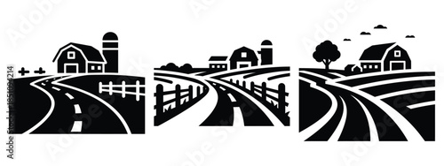 farm rural road silhouette icon set. agriculture, plant-based lifestyle symbols