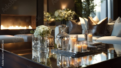 Cozy Luxury Living Room with Fireplace with Candles, and and Floral Decor.