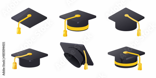 A collection of black graduation caps with gold tassels displayed in various angles