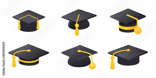 A collection of black graduation caps with golden tassels displayed together