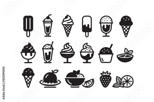 Ice Cream and Frozen Dessert Line Art Icon Set Summer Sweets, Sundaes, Popsicle's, and Fruit Outlines