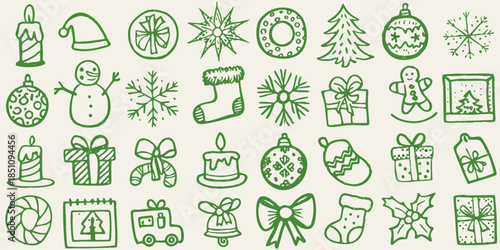 A collection of hand drawn green holiday illustrations and winter themed doodles