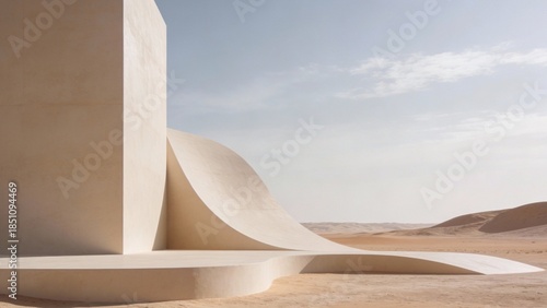 product podium platform in desert dunes with curved architectural walls