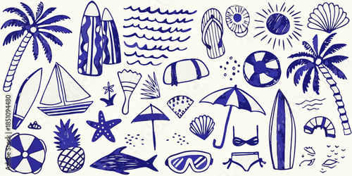 A collection of blue and white hand drawn summer themed illustrations