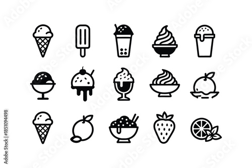 Ice Cream and Frozen Dessert Line Art Icon Set Summer Sweets, Sundaes, Popsicle's, and Fruit Outlines