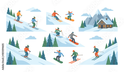 People enjoying winter sports skiing and snowboarding in mountains