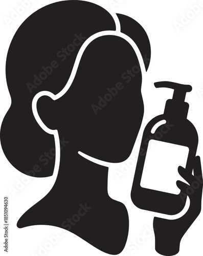 Female silhouette applying skincare product or sanitizer with pump bottle on face side profile
