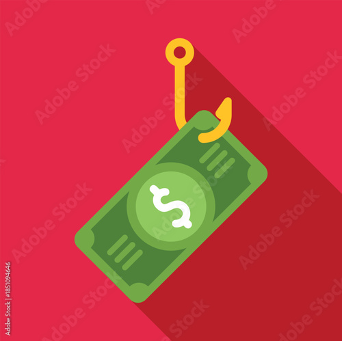 Dollar banknote baiting on a fishing hook, illustrating a concept of financial scam or entrapment