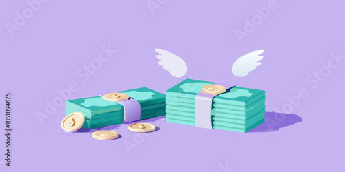 Stacks of money with wings and gold coins on a purple background