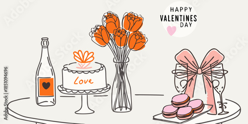 A festive valentine s day spread with flowers cake and champagne