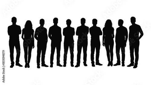 A group of people standing together in a line depicted as a striking silhouette