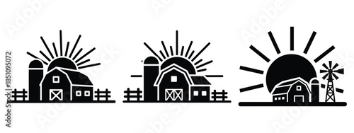 farm sunrise silhouette icon set. agriculture, plant-based lifestyle symbols