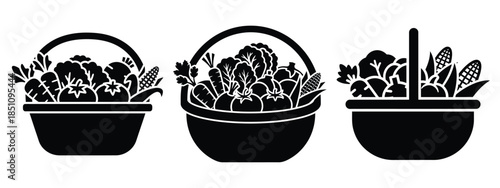 farm vegetable basket silhouette icon set. agriculture, plant-based lifestyle symbols