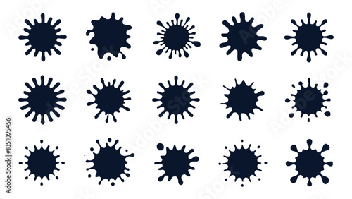Collection of abstract ink splatters and drops, creating dynamic and energetic shapes on a white background.