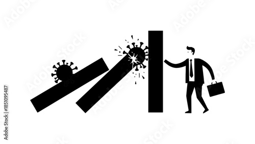 Businessman bravely stops falling dominoes representing virus impact on business