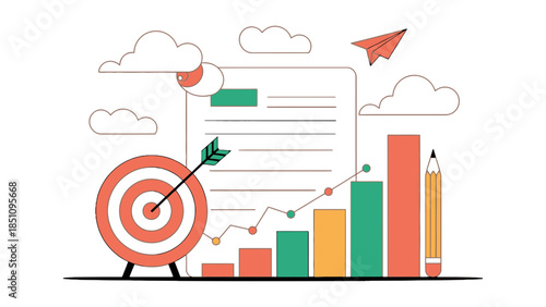 Business growth and achievement represented by a dartboard, rising bar chart, and document.
