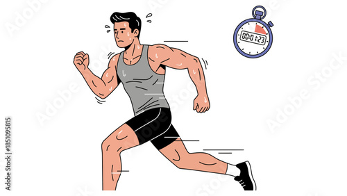 Determined man in athletic wear running with effort as timer counts down.