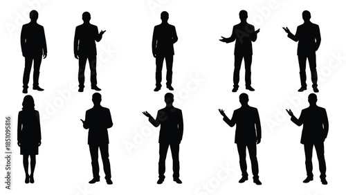 A collection of nine people in various poses displayed as a striking black silhouette