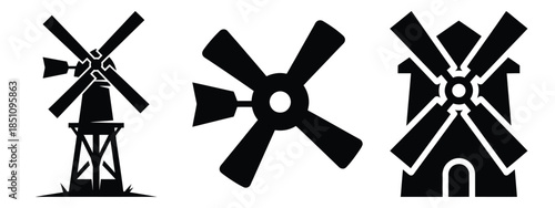 farm windmill blades silhouette icon set. agriculture, plant-based lifestyle symbols